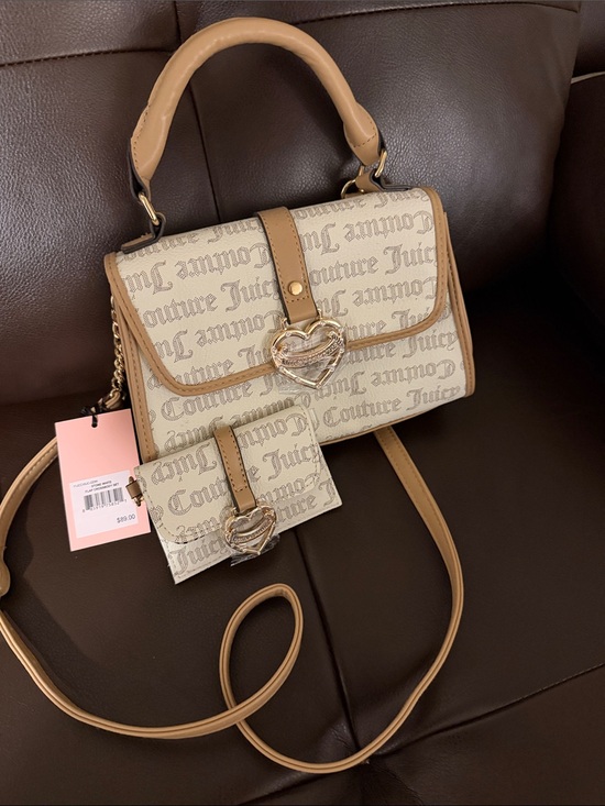 Juicy Couture Handbags - Juicy Couture Beige & Tan Monogram Crossbody with Heart Lock